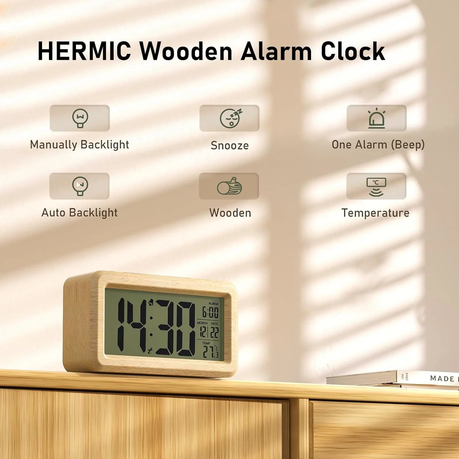 ساعت رومیزی دیجیتال چوبی با نمایشگر LCD بزرگ، نمایش دما و سنسور نور برند HERMIC مدل 1902 — تصویر ۵