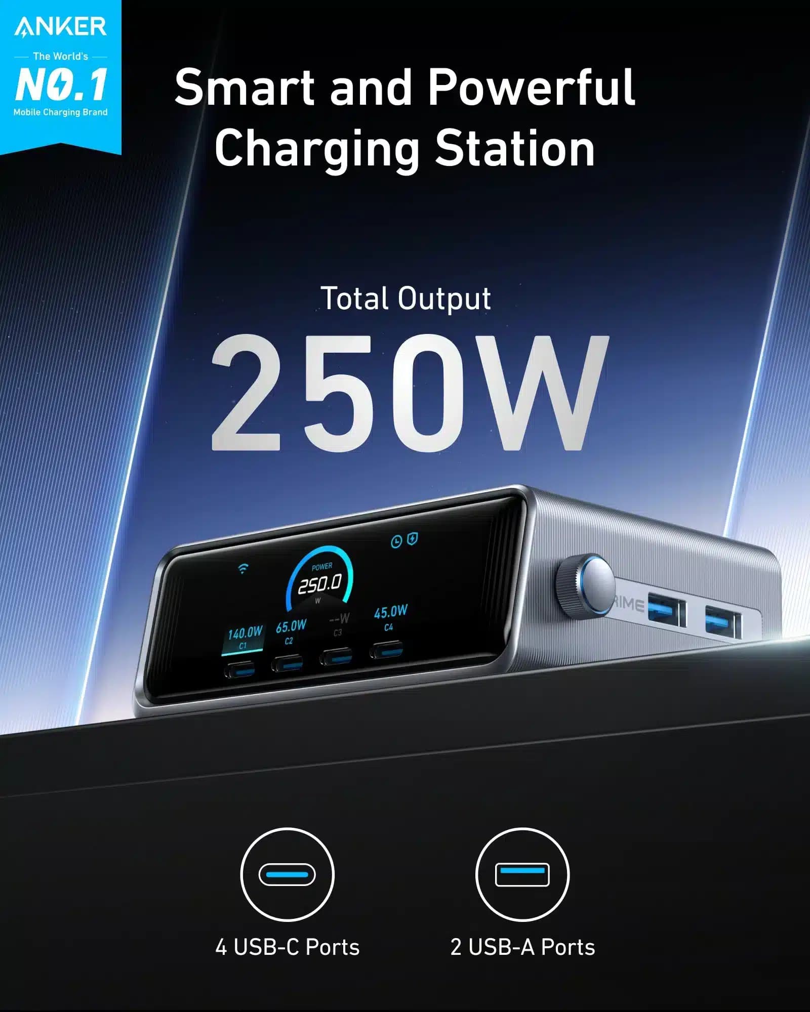 شارژ ۶ پورت انکر Anker Prime Charger 250W 6-Port GaN Charging Station مدل A2345 — تصویر ۲