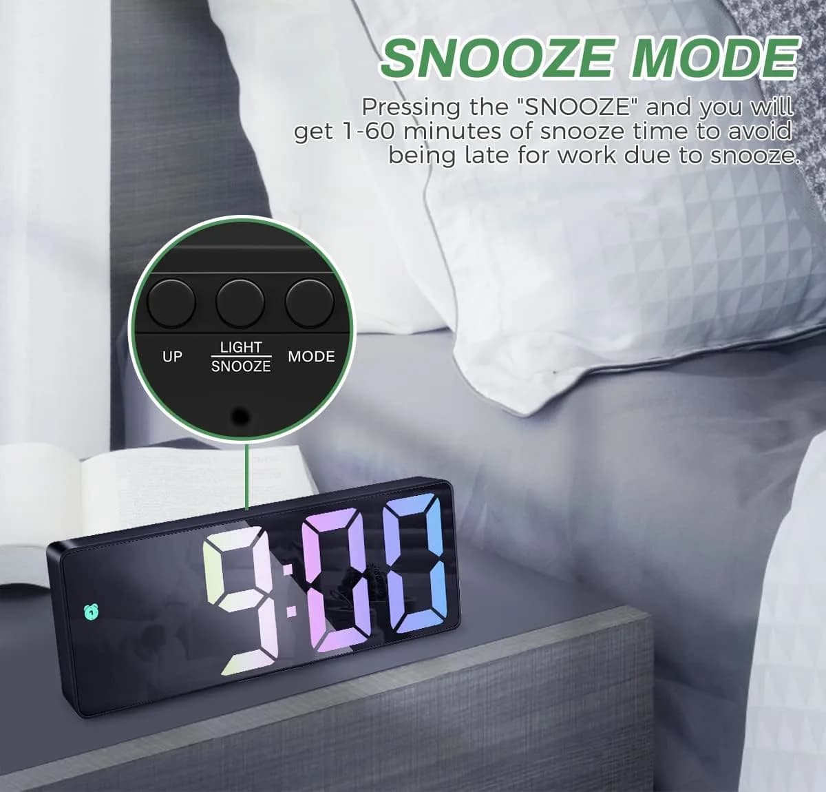 ساعت رومیزی دیجیتال مدل 6.5 اینچی LED با نمایش دما، تاریخ و کنترل صوتی برند zerotop مدل GH0725 — تصویر ۳