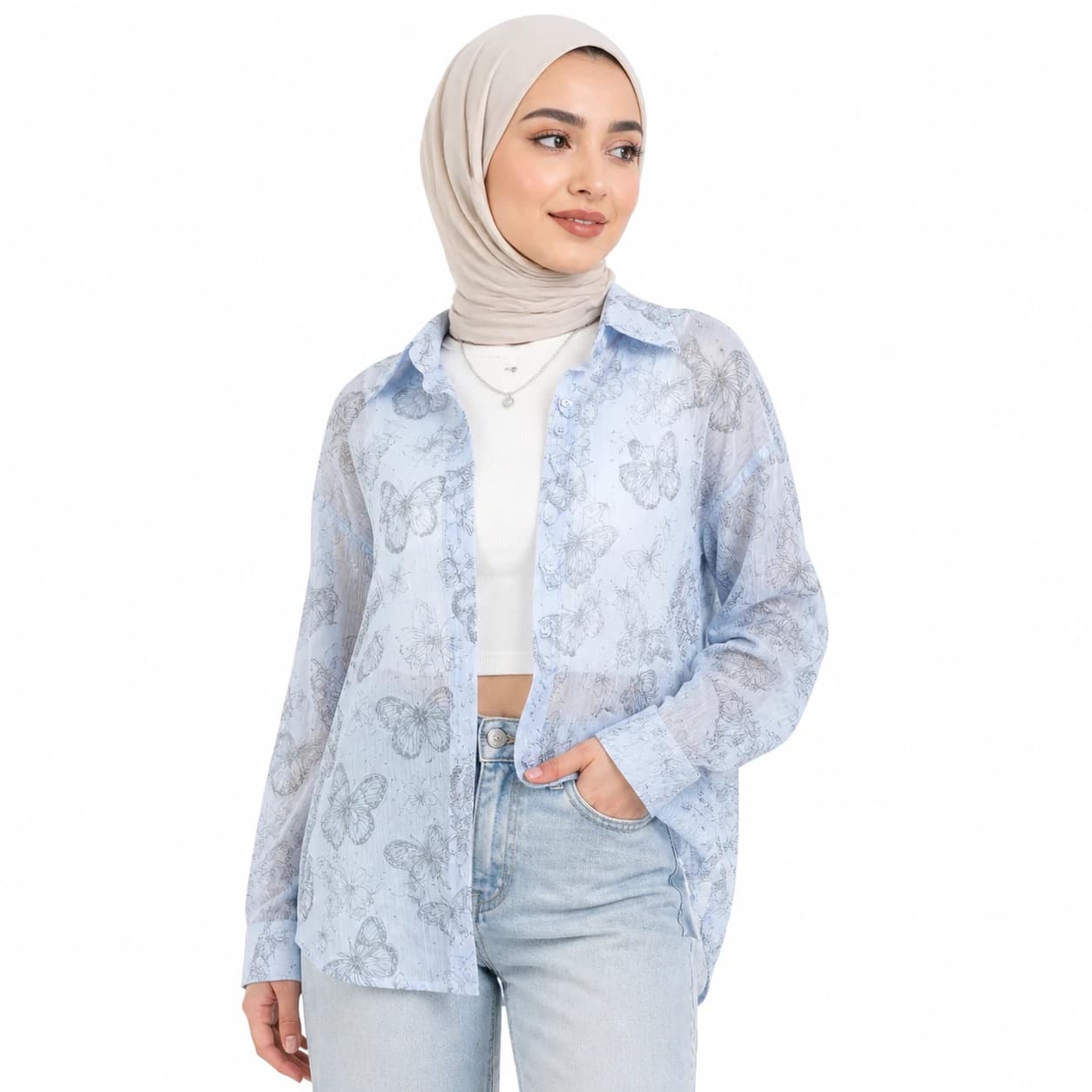 شومیز شاین شیشه ای دوتیکه کراپ دار (آبی،طرح پروانه)وارداتی