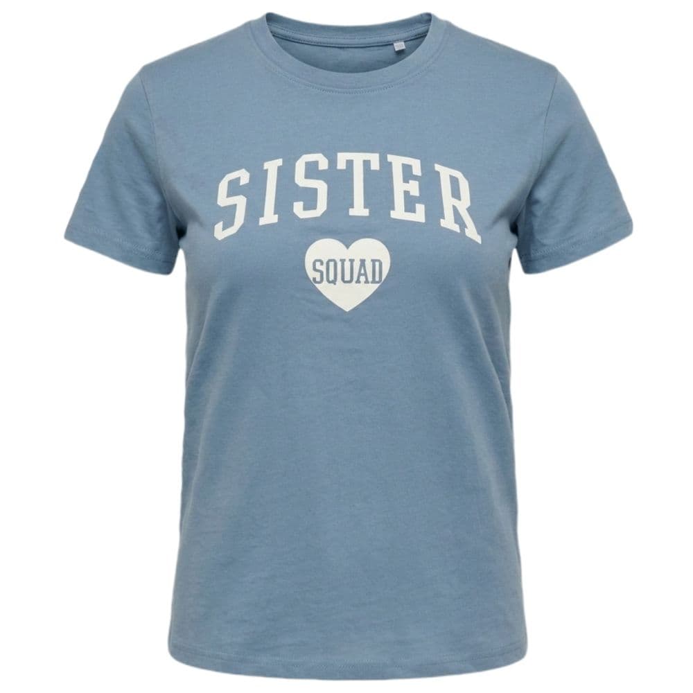 تیشرت زنانه خارجی آبی مدل نخی راحتی با نوشته Sister Squad