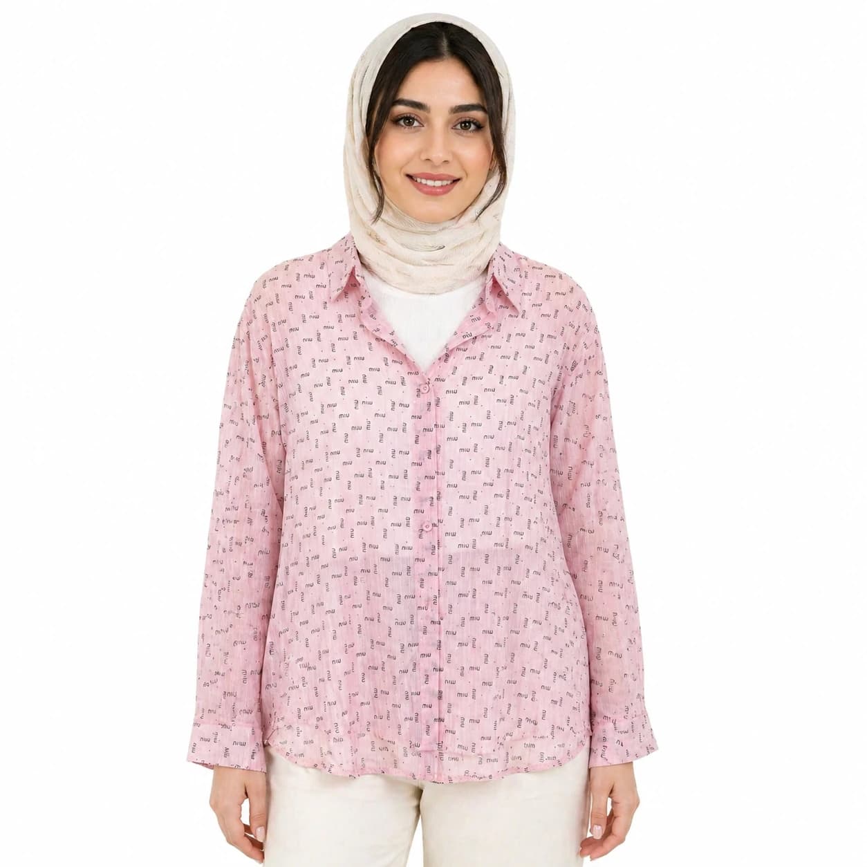شومیز شاین شیشه ای دوتیکه کراپ دار (صورتی،طرح miumiu)وارداتی
