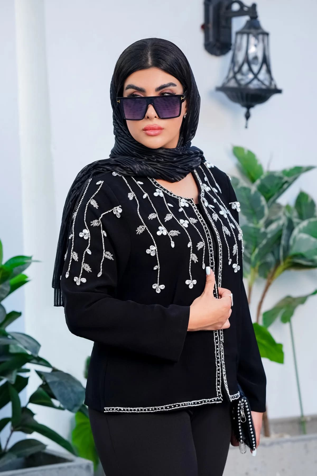 کراپ کت مجلسی سنگدوزی شده، مدل گل نقره ای (کراپ آستین دار)