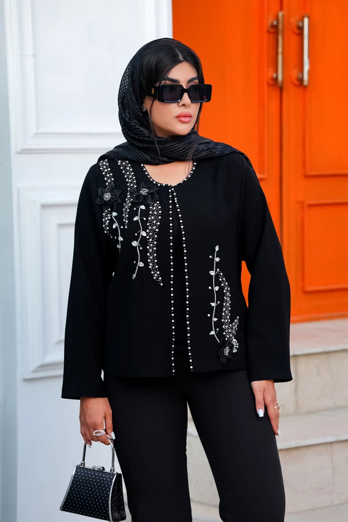 کراپ کت مجلسی سنگدوزی شده، مدل گل های برجسته ( کراپ آستین دار)