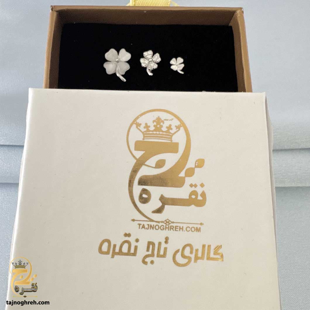 گوشواره نقره میخی ست گل صدفی سه جفتی مدل ESW E60 — تصویر ۴