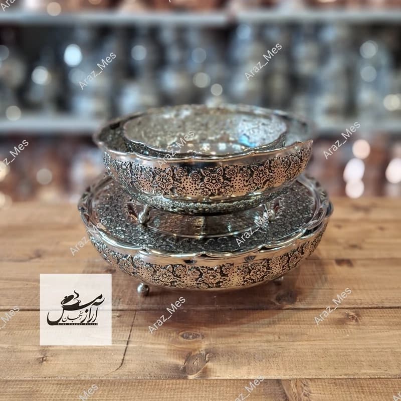 سرویس پذیرایی مسی گلبرگ سه پایه کروم زنجان(ست 4 تیکه میوه شکلات شیرینی آجیل خوری مسی)رزگل برجسته 3 پایه نقره ای