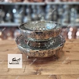 سرویس پذیرایی مسی گلبرگ سه پایه کروم زنجان(ست 4 تیکه میوه شکلات شیرینی آجیل خوری مسی)رزگل برجسته 3 پایه نقره ای — تصویر ۲