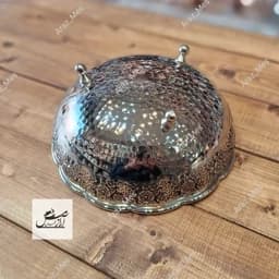 سرویس پذیرایی مسی گلبرگ سه پایه کروم زنجان(ست 4 تیکه میوه شکلات شیرینی آجیل خوری مسی)رزگل برجسته 3 پایه نقره ای — تصویر ۵