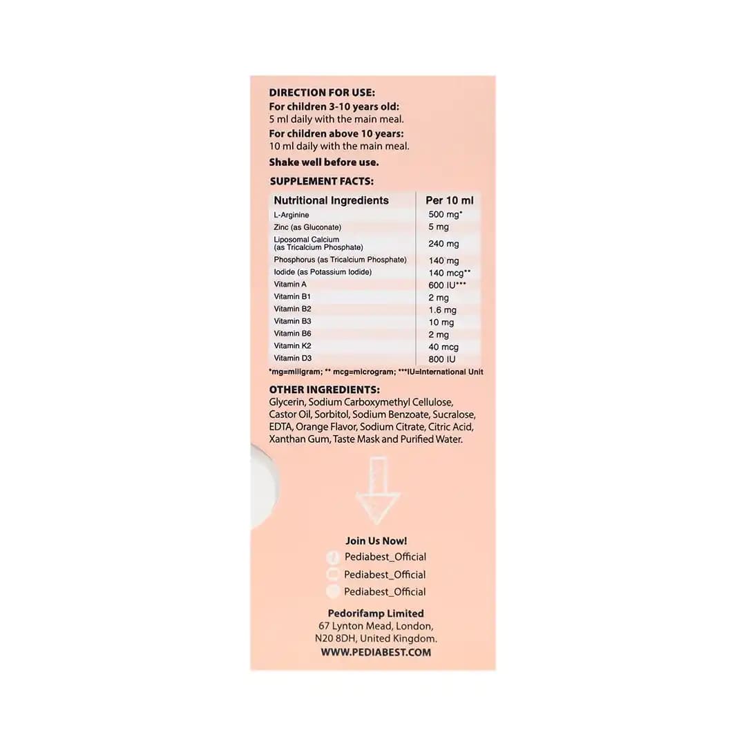 شربت تقویت و رشد کودکان پدیابست طعم پرتقال 150 میلی لیتر/L Arginine Orange Pediabest Orange 150 ml — تصویر ۲