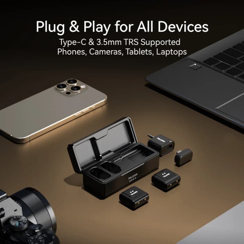 میکروفون یقه ای بی سیم Telesin P5-MPC-14 | میکروفون دو نفره 2.4GHz با حذف نویز — تصویر ۴