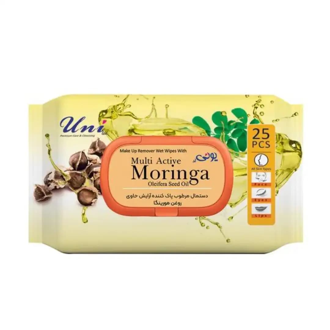 دستمال مرطوب پاک کننده آرایش حاوی روغن مورینگا یونی لد بسته 25 عددی/Moringa Oil Makeup Remover Wipes 25 Sheets UNI LED