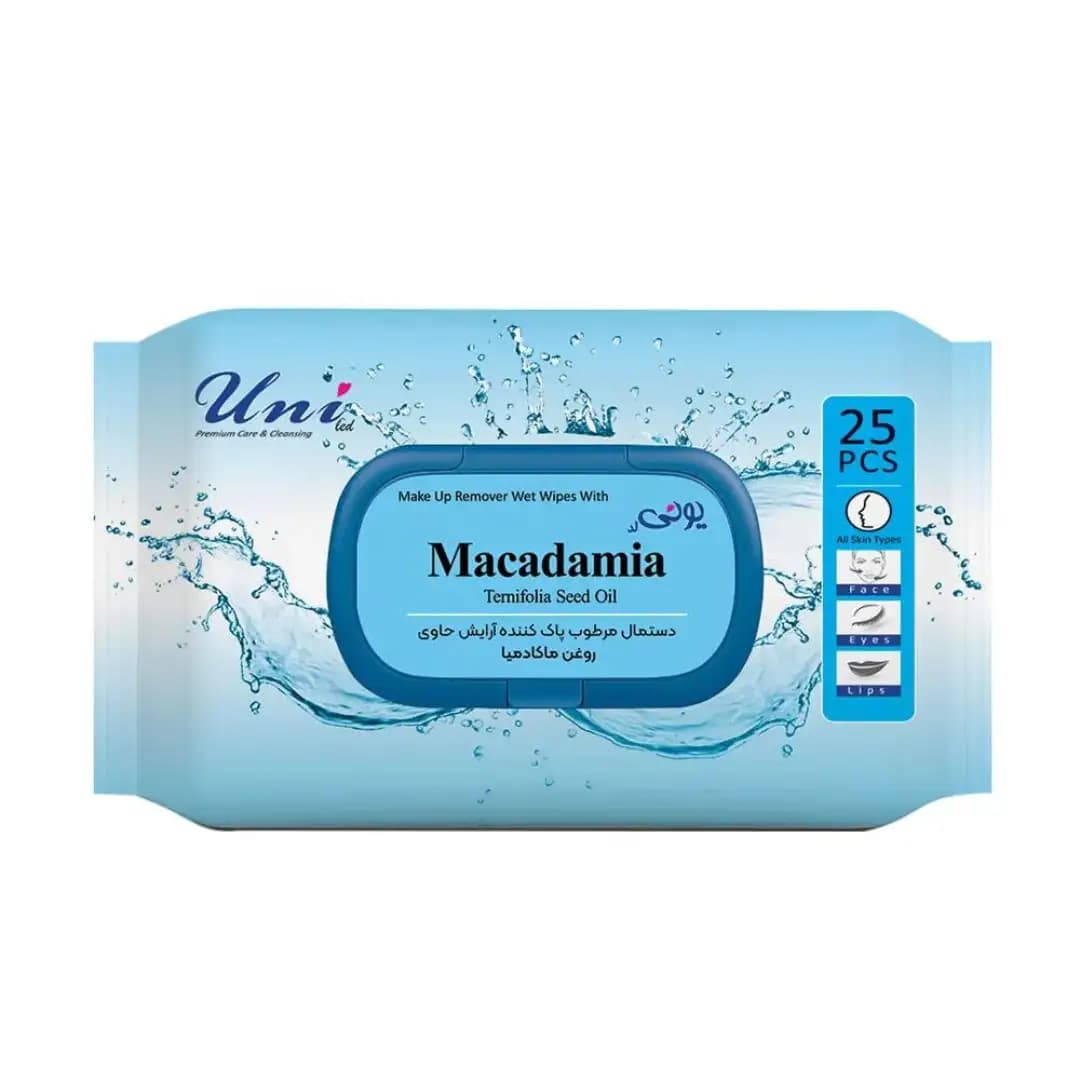 دستمال مرطوب یونی لد مدل پاک کننده آرایش روغن ماکادمیا بسته 25 عددی/Macadamia Oil Makeup Remover Wipes 25 Sheets UNI LED