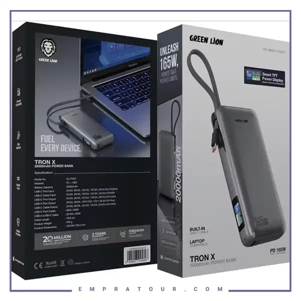 پاروبانک 165 وات 20000 با کابل تایپ سی گرین لاین GNTRX20P165GY — تصویر ۳