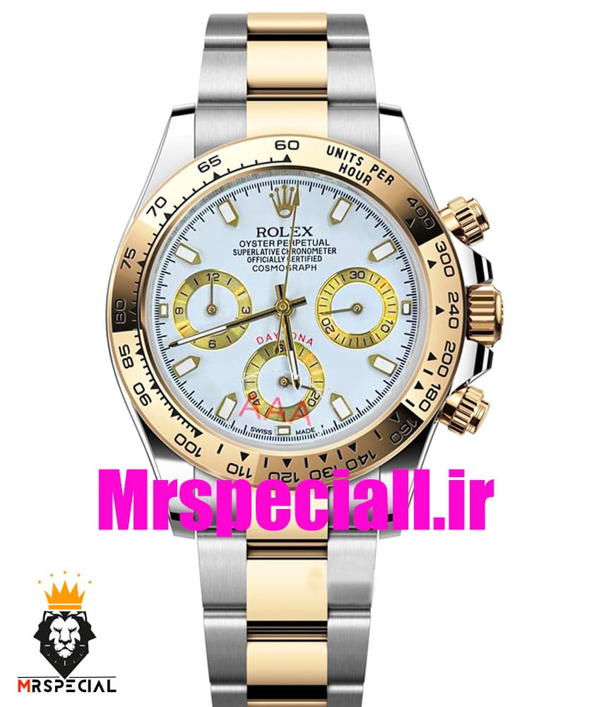 ساعت مردانه رولکس مدل دیتونا کوارتز فول دیت دورنگ طلایی صفحه سفید 020242 ROLEX DAYTONA