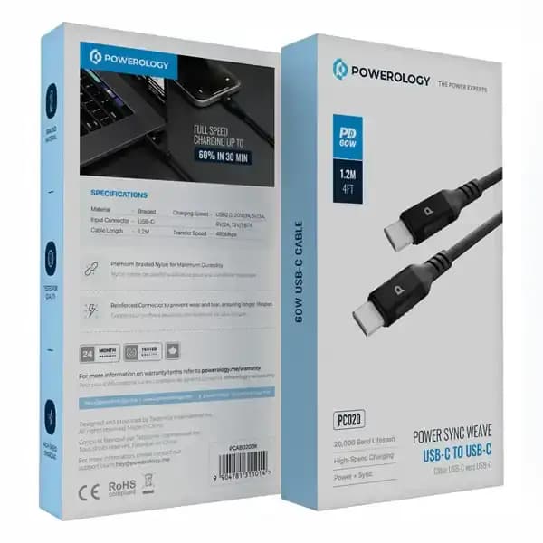 کابل شارژ دو سر تایپ سی 1.2 متر 60 وات پاورولوژی PCAB020LGY — تصویر ۸
