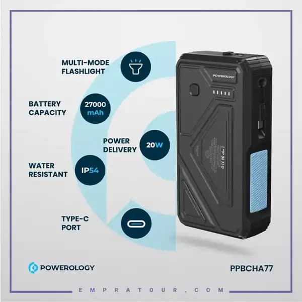پاوربانک خورشیدی 27000 با کابل متصل پاورولوژی PPBCHA77 — تصویر ۲