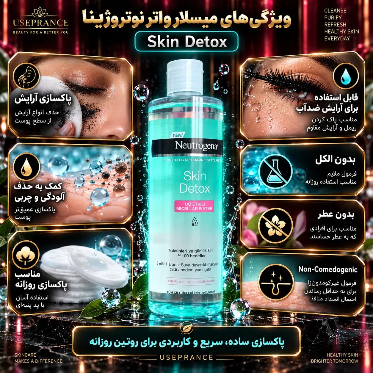 میسلار واتر نوتروژینا Skin Detox حجم 400 میل؛ بررسی و روش استفاده — تصویر ۲