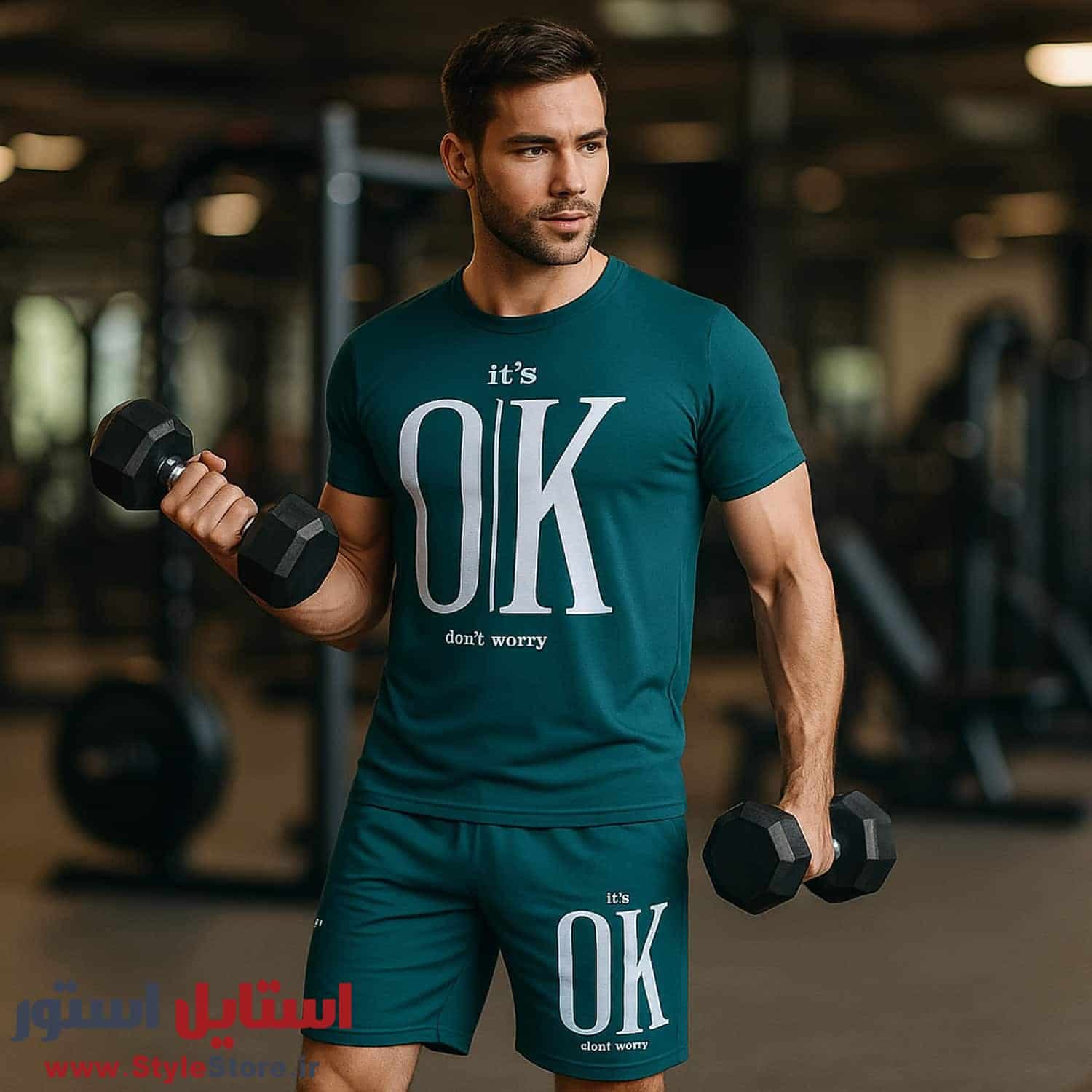 ست تی شرت و شلوارک مردانه طرح OK کد 1563 رنگ سبز