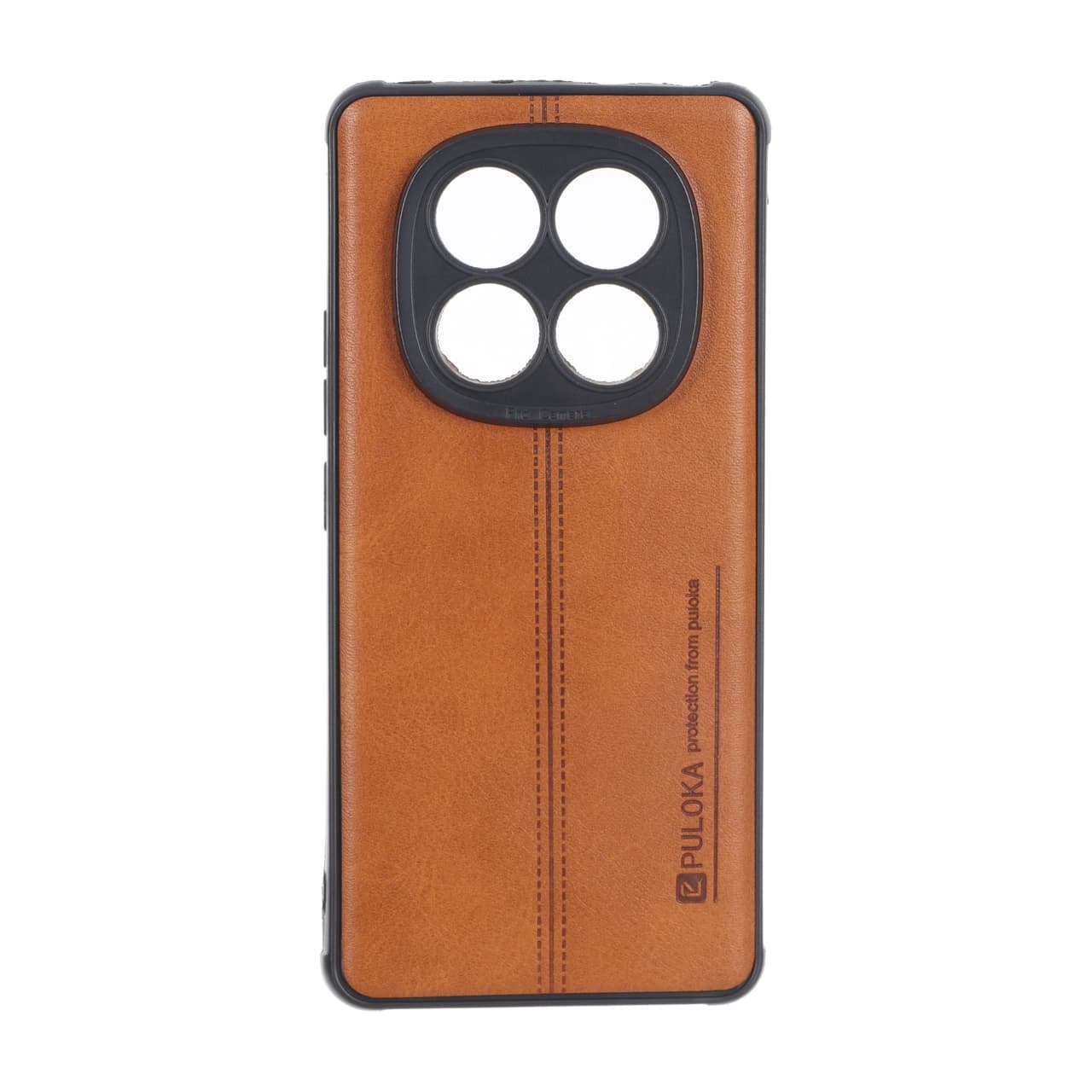 قاب Puloka طرح چرم دوخت دار محافظ لنزدار Xiaomi Redmi Note 14 Pro 4G – قهوه ای