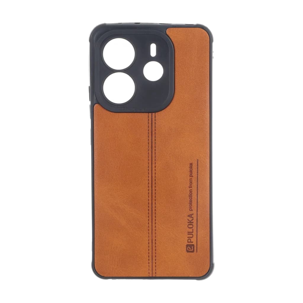 قاب Puloka طرح چرم دوخت دار محافظ لنزدار Xiaomi Redmi Note 14 4G – قهوه ای — تصویر ۲