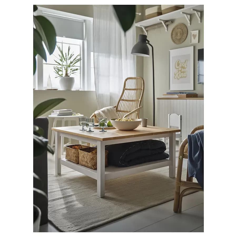 میز جلو مبلی ایکیا مدل HEMNES سفید/ قهوه‌ای روشن ۹۰*۹۰ — تصویر ۲