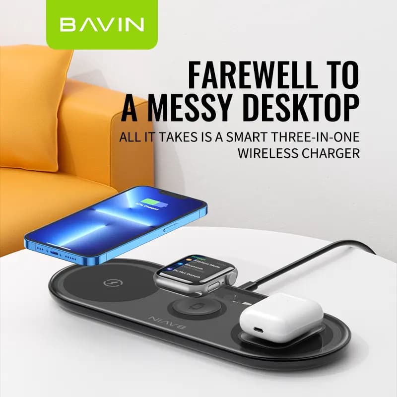 شارژر وایرلس باوین 15 وات Bavin PC817 3 in 1 wireless charger — تصویر ۳