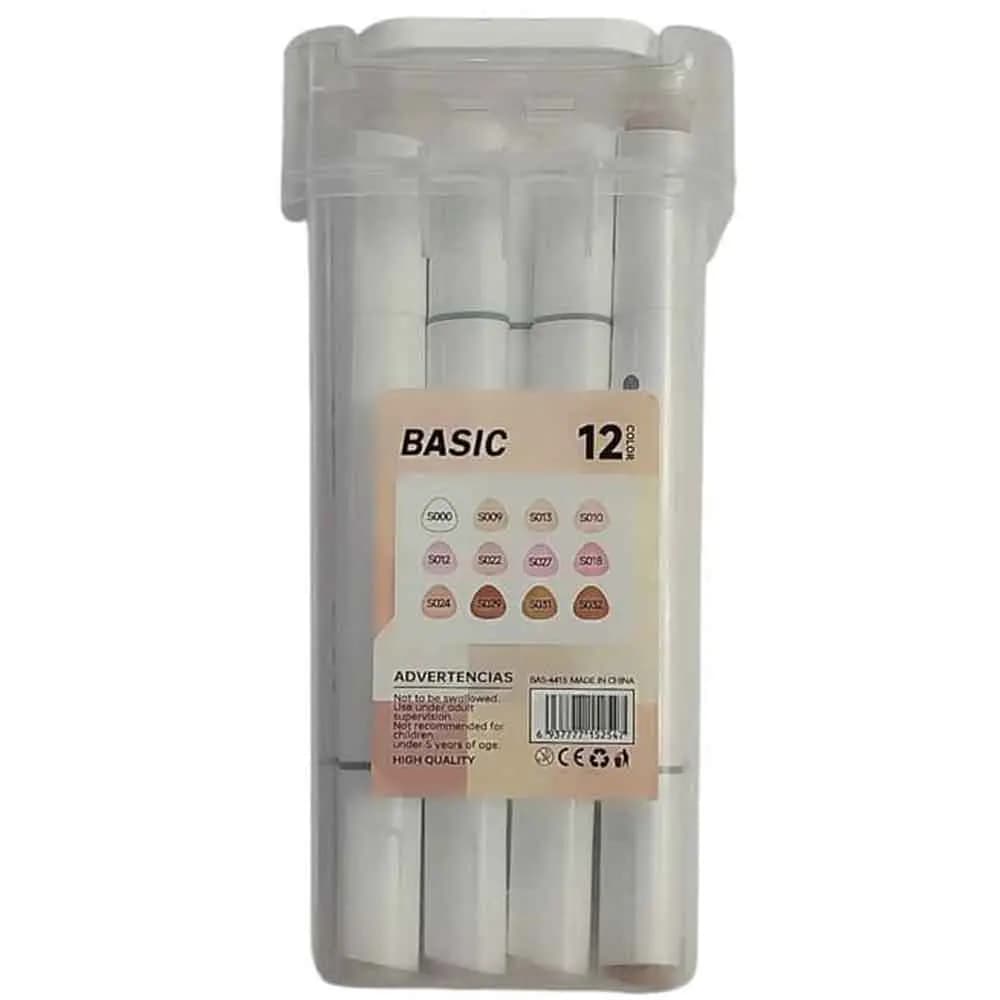 ماژیک طراحی رنگ پوست دو سر براش 12 رنگ مدل راندو بیسیک BASIC (طرح تاچ)