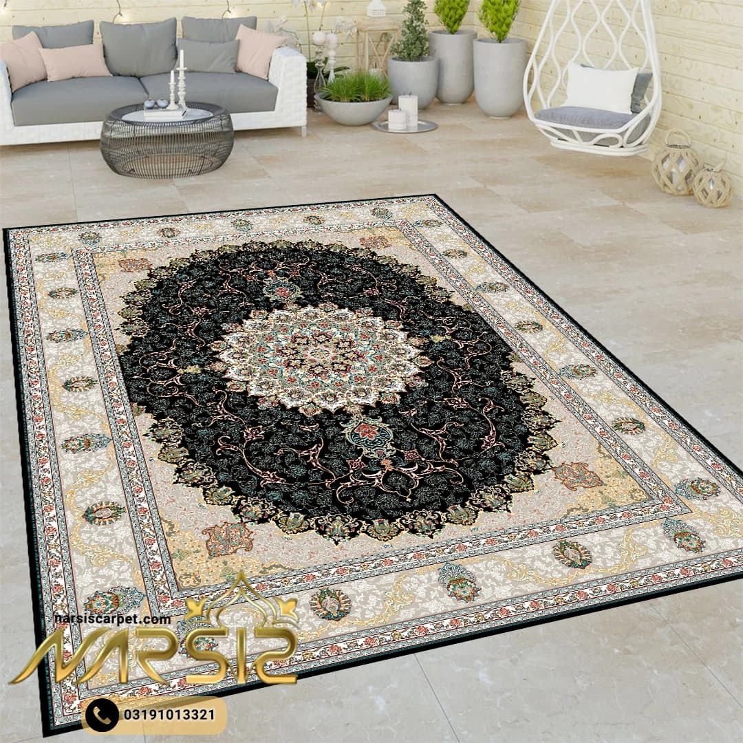 فرشینه فرش طرح نگین مشکی کد 9049 — تصویر ۲