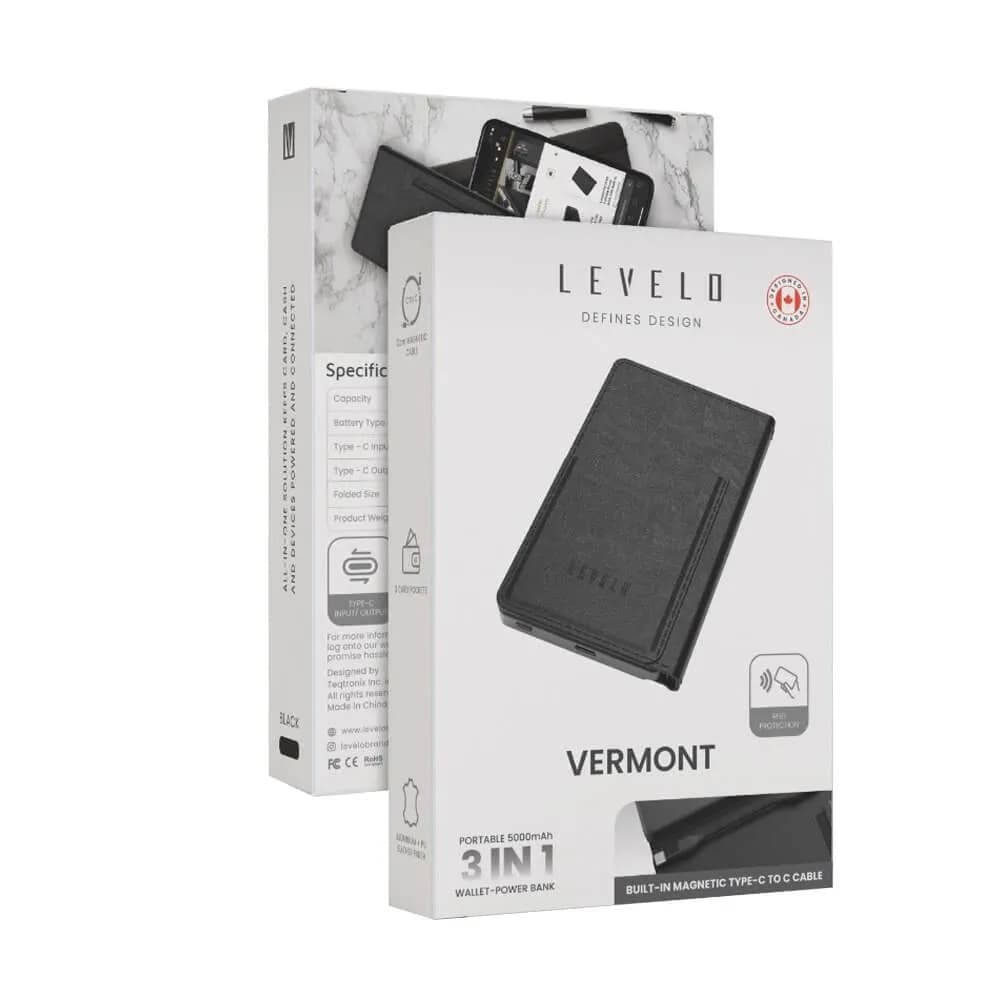 پاوربانک همراه باکابل و کیف پول Vermont لولو (LVLVT5PPBK) Levelo Vermont Portable 3 in 1 Wallet Power Bank — تصویر ۳