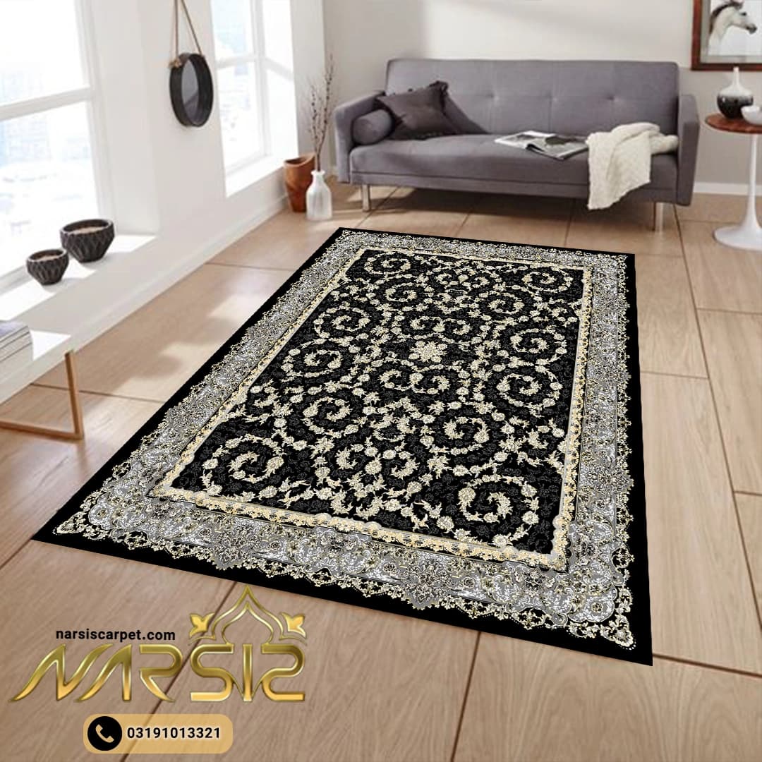 فرشینه فرش افشان طرح یاس رنگ مشکی کد 9035 — تصویر ۲