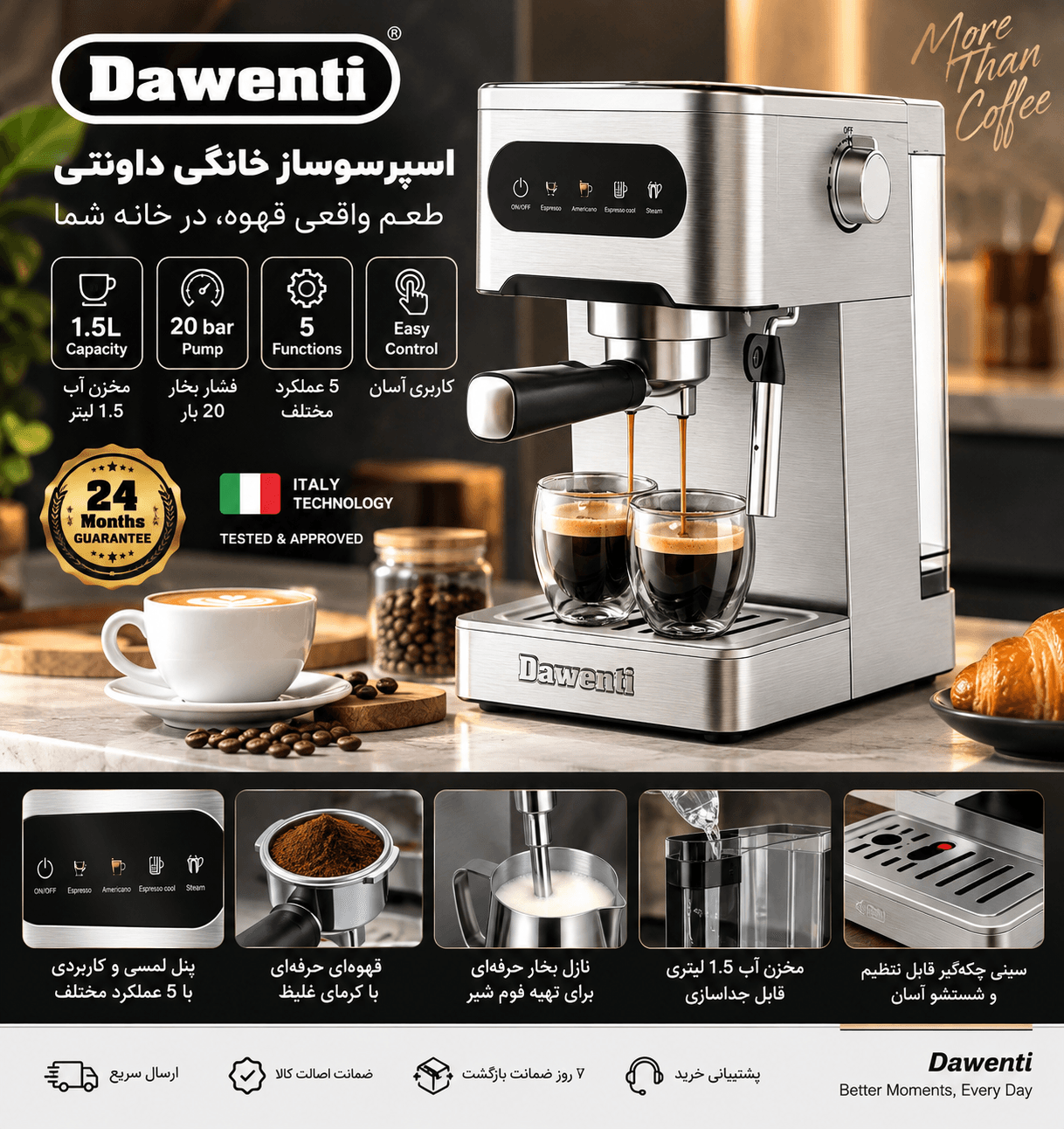 اسپرسوساز خانگی داونتی Dawenti مدل 1.5 لیتری 20 بار — تصویر ۲
