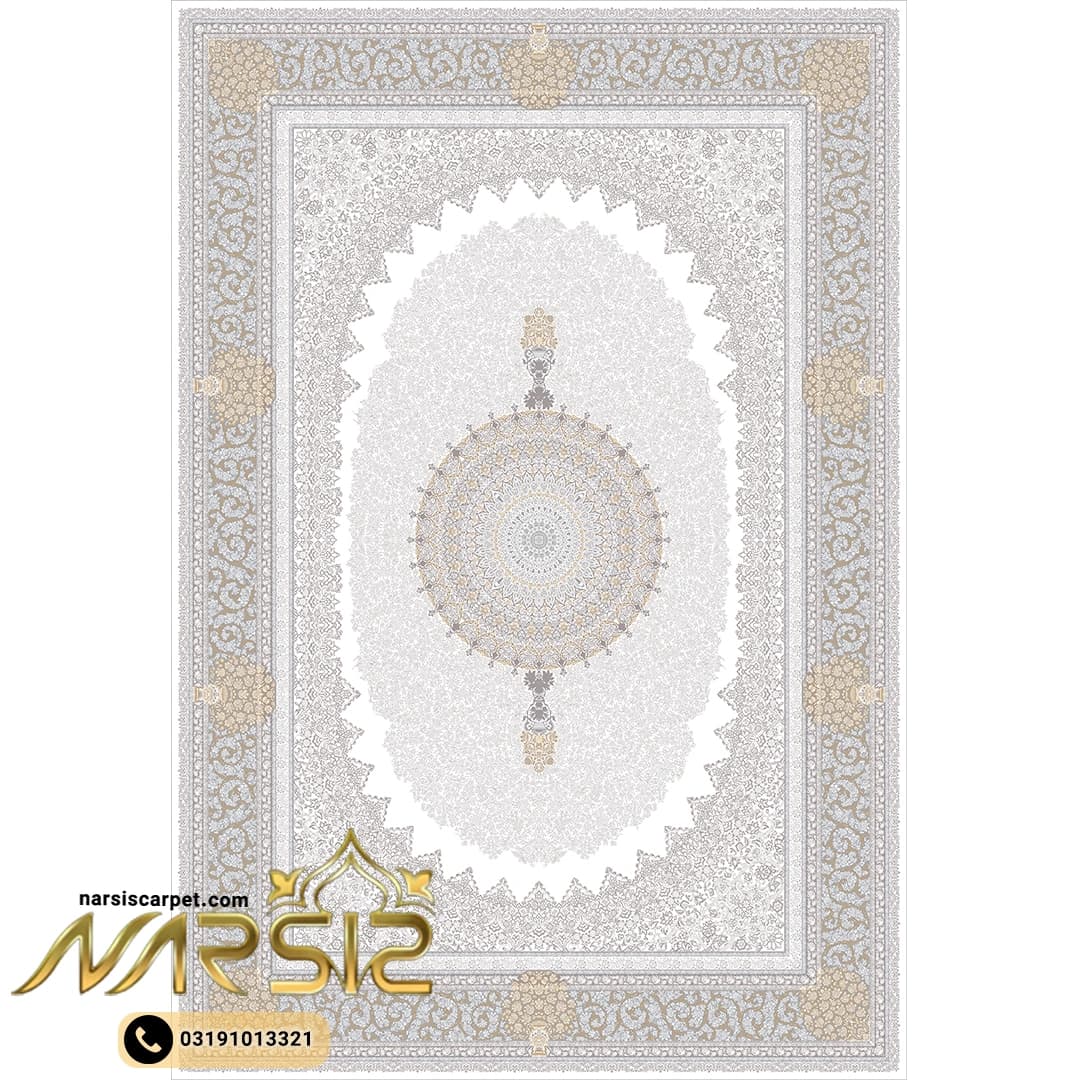 فرشینه فرش طرح کمند رنگ سفید و طوسی کد 9029