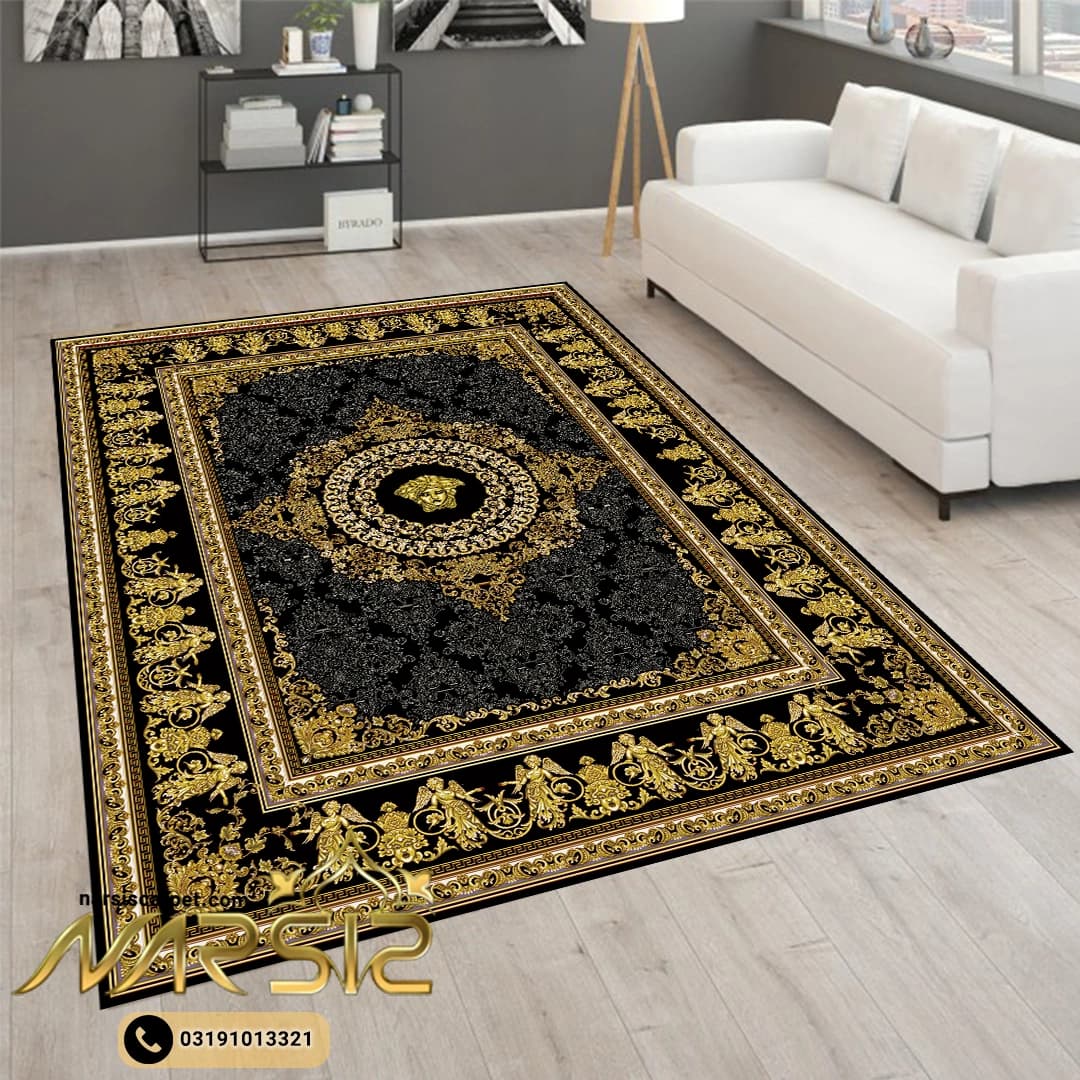 فرشینه فرش طرح سلطنتی رنگ مشکی و طلایی کد 9021