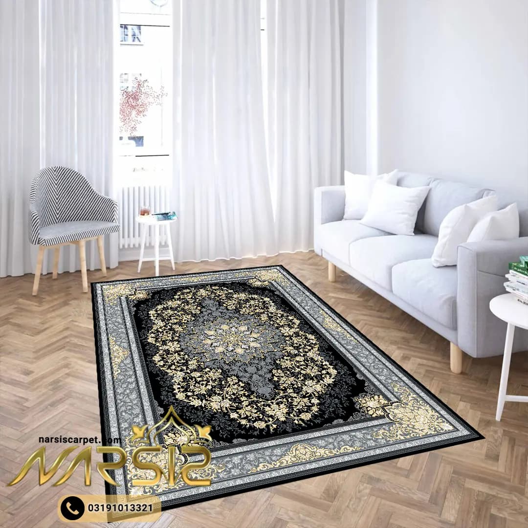 فرشینه فرش طرح فرش تندیس رنگ زغالی کد 9018 — تصویر ۴