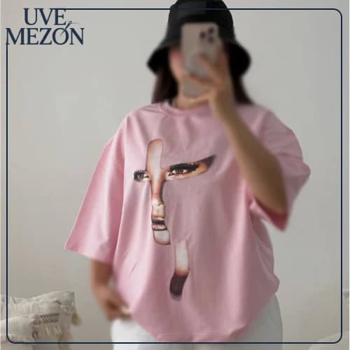تیشرت باکسی زنانه طرح چهره کد MJ16 نخ پنبه فری سایز