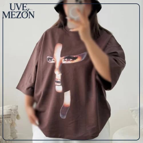 تیشرت باکسی زنانه طرح چهره کد MJ16 نخ پنبه فری سایز — تصویر ۴