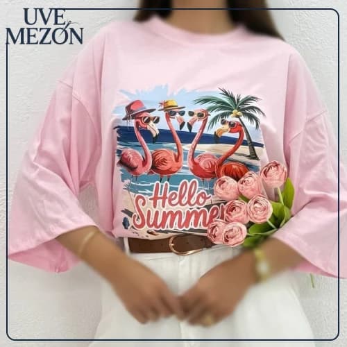 تیشرت باکسی زنانه طرح Hello Summer کد MJ13 نخ پنبه فری سایز