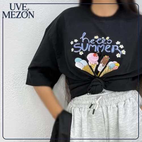 تیشرت باکسی زنانه طرح Summer کد MJ12 نخ پنبه فری سایز