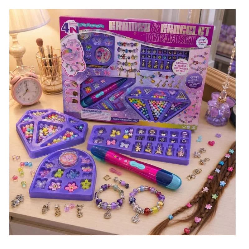 ست بافت مو و دستبند با مهره و آویز دخترانه ۴ در ۱ مدل Princess Collection کد KSY1018 — تصویر ۴