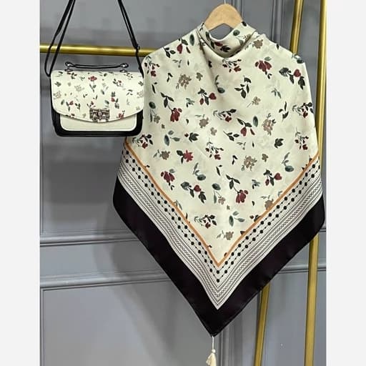 ست کیف و روسری(شال) طرح گلگون کرم ،روسری نخی قواره بزرگ 130
