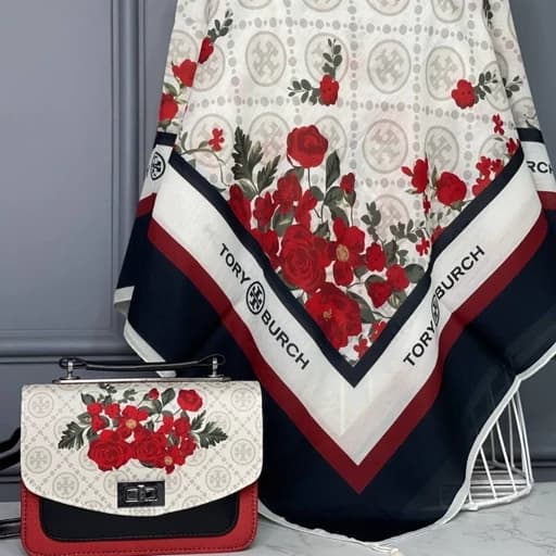 ست کیف و روسری (شال) توری برچ رنگ مشکی برند مونتلا کیف پاسپورتی روسری نخی منگوله دار قواره 130