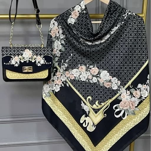 ست کیف و روسری (شال) طرح ال وی ماکان مشکی روسری نخی قواره 130