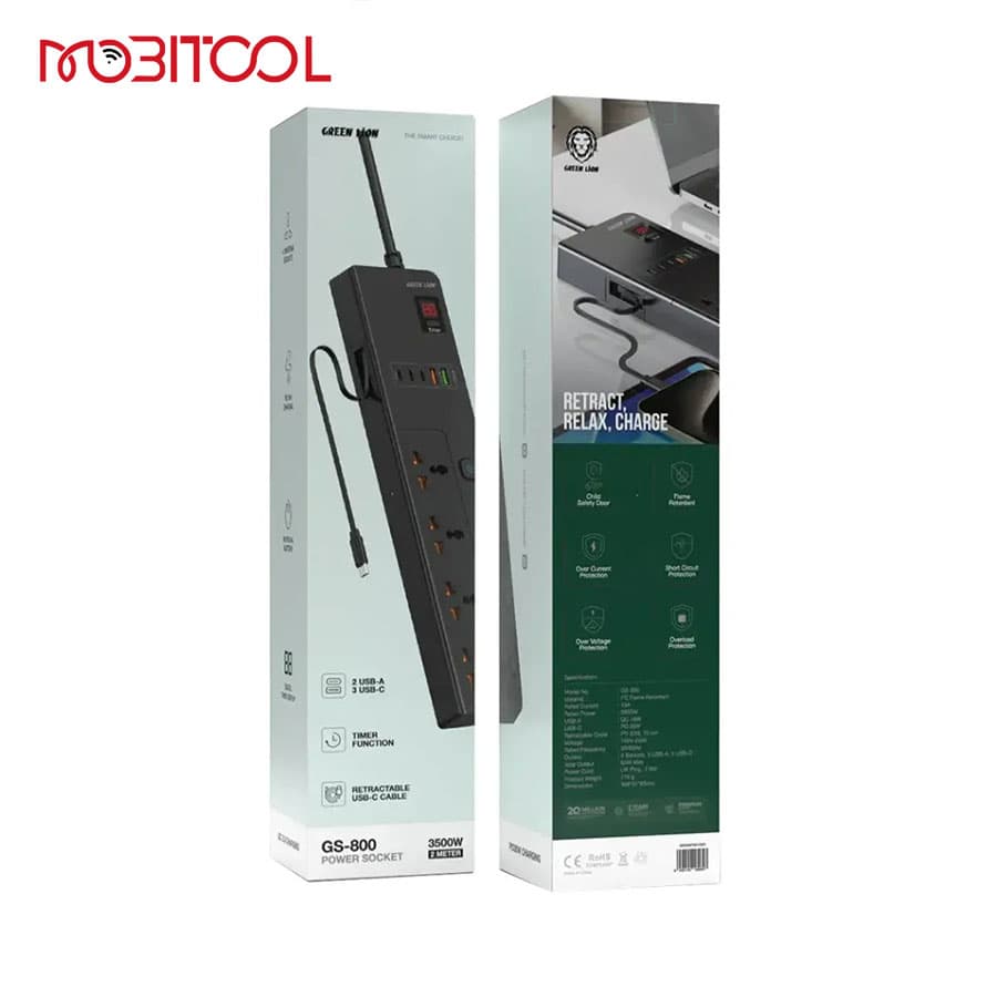 چندراهی برق تایمر دار با کابل متصل تایپ سی گرین لاین Green Lion GS-800 Power Socket 2M 3500W — تصویر ۴
