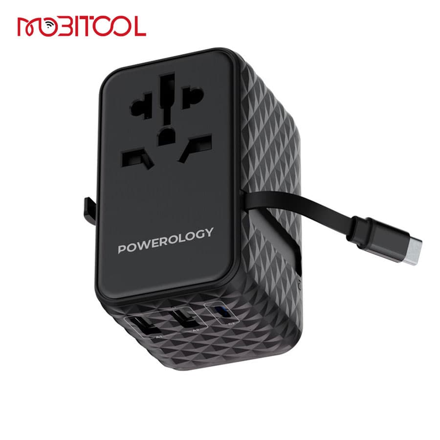 شارژر دیواری یونیورسال مسافرتی 20 واتی پاورولوژی Powerology GaN Universal Charger Retractable Type-C Cable PWC028 — تصویر ۴