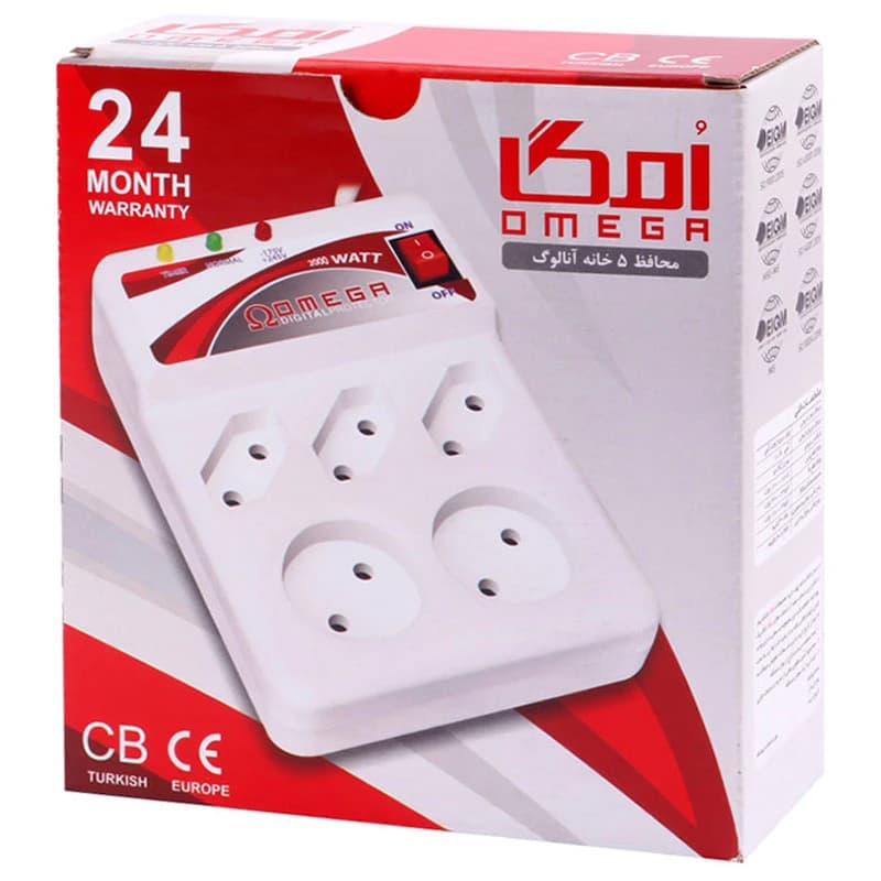 محافظ برق تلویزیون و یخچال و فریزر 5 خانه امگا با کابل 1٫3 متری — تصویر ۲