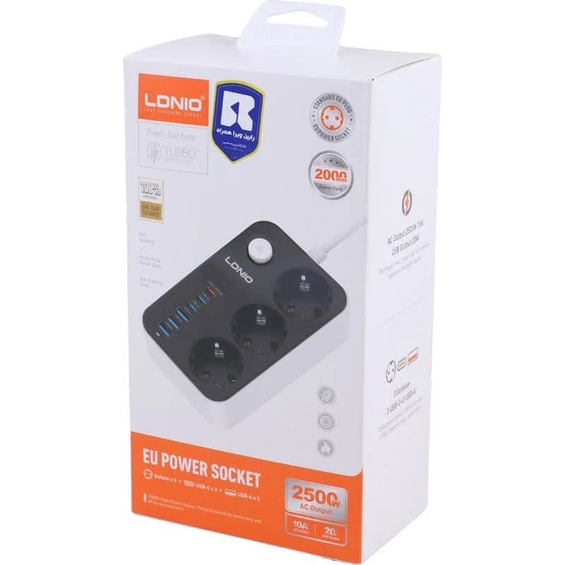 چند راهی 3 خانه ارت دار الدینیو SE3631C با کابل 2 متری + شارژر USB و Type-C — تصویر ۲