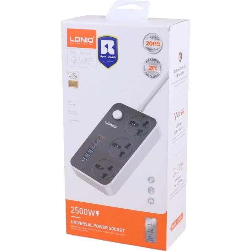 چند راهی 3 خانه ارت دار الدینیو SC3604C با کابل 2 متری + شارژر USB و Type-C — تصویر ۲