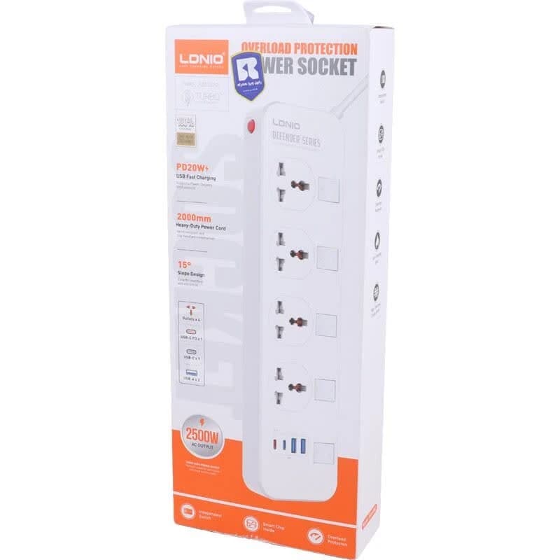 چند راهی 4 خانه ارت دار الدینیو SC4408C با کابل 2 متری + شارژر USB و Type-C — تصویر ۲