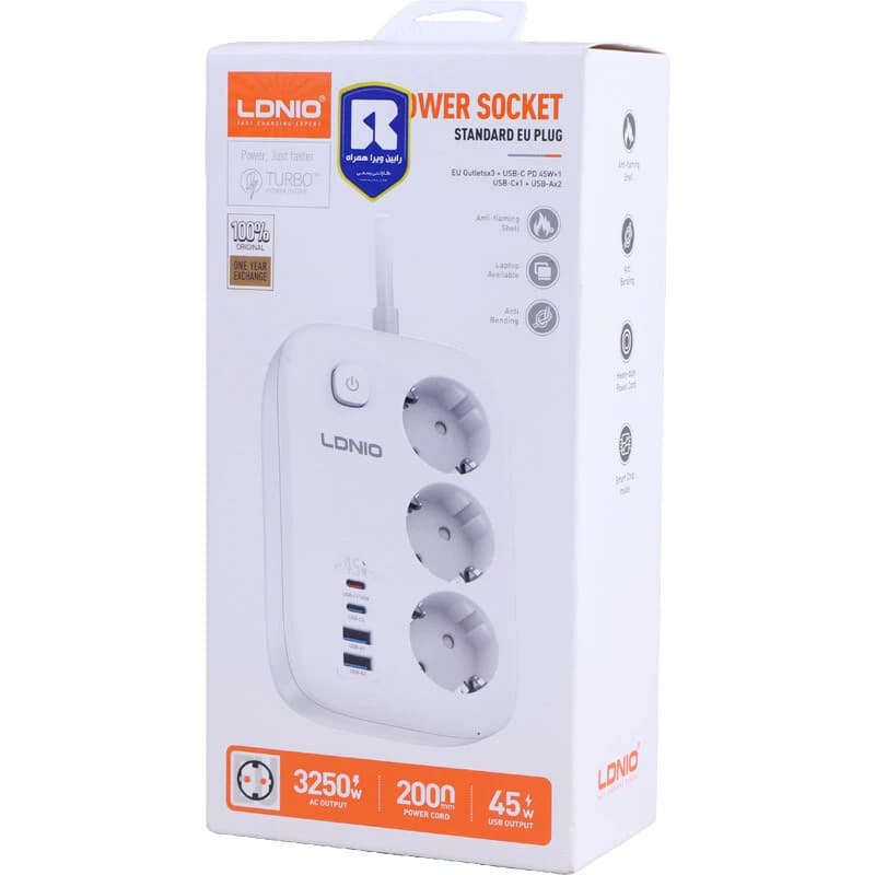 چند راهی 3 خانه ارت دار الدینیو SE2 با کابل 2 متری + شارژر USB و Type-C — تصویر ۲