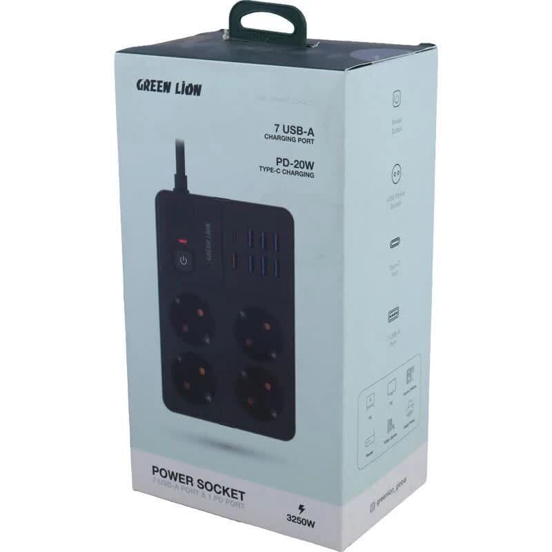 چند راهی 4 خانه ارت دار گرین لاین GL-PS8B GNPS7UPDEUBK با کابل 2 متری + شارژر USB و Type-C — تصویر ۲